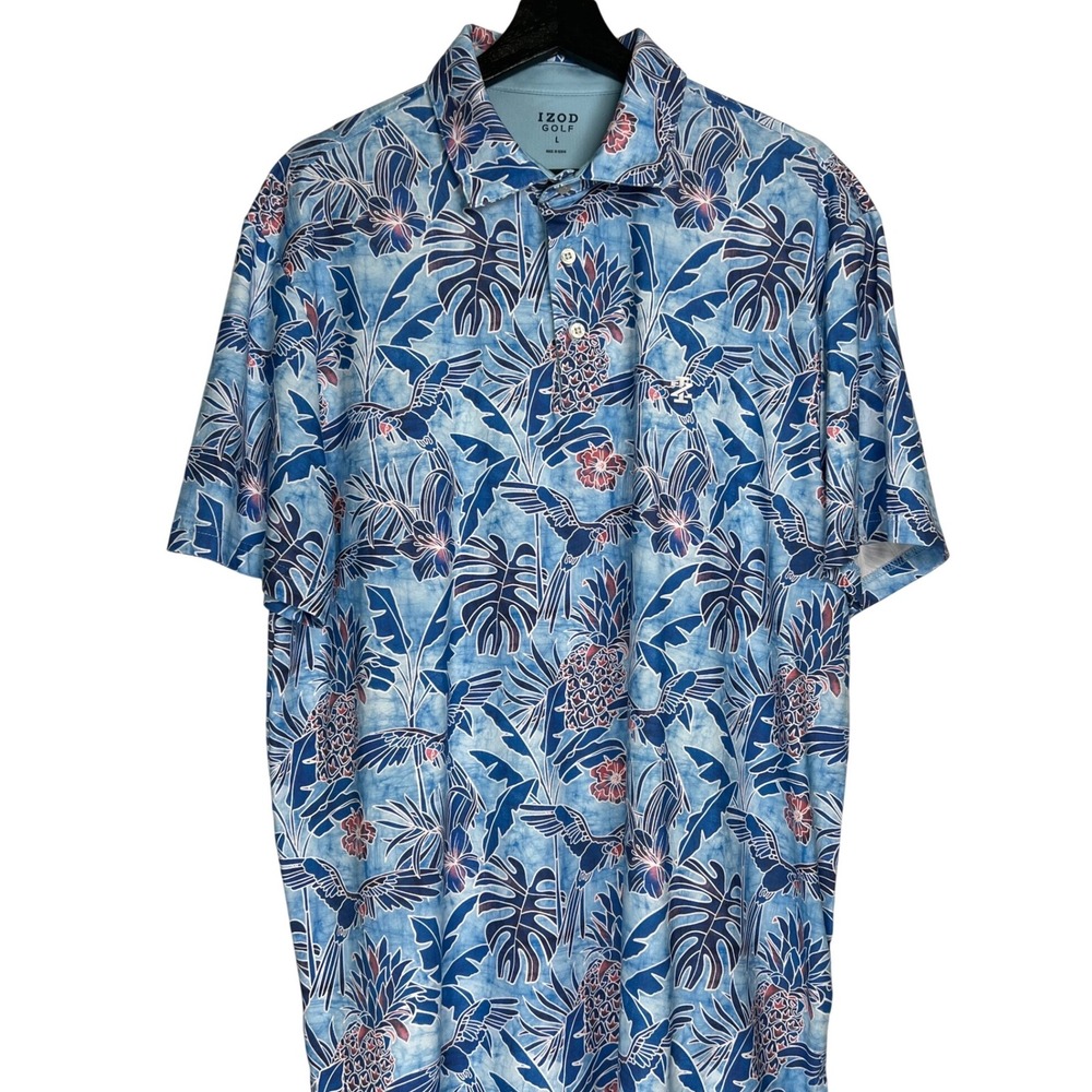 IZOD Golf Large Blue Tropical Parrot Pineapple Floral‎ Performance Polo Shirt